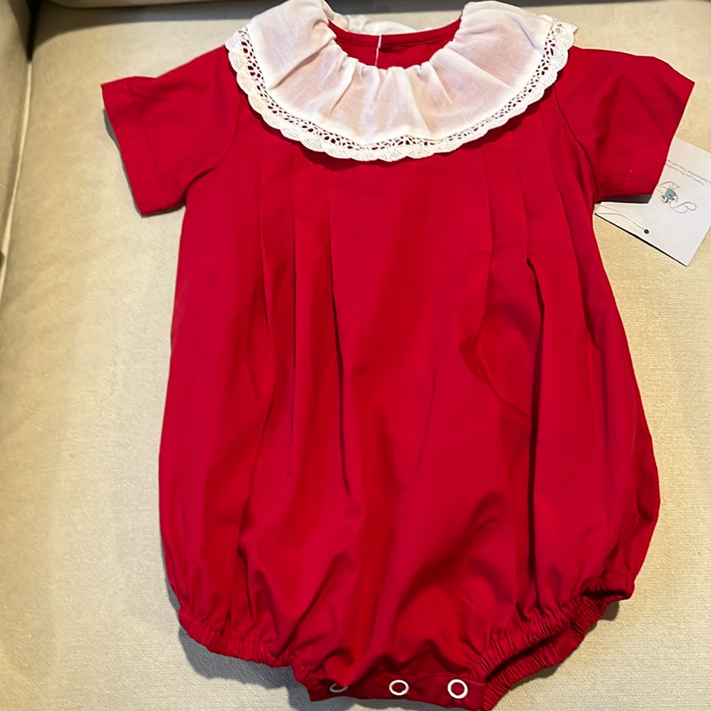 Red Onesie With White Lace Trimmed Collar. 12 Months